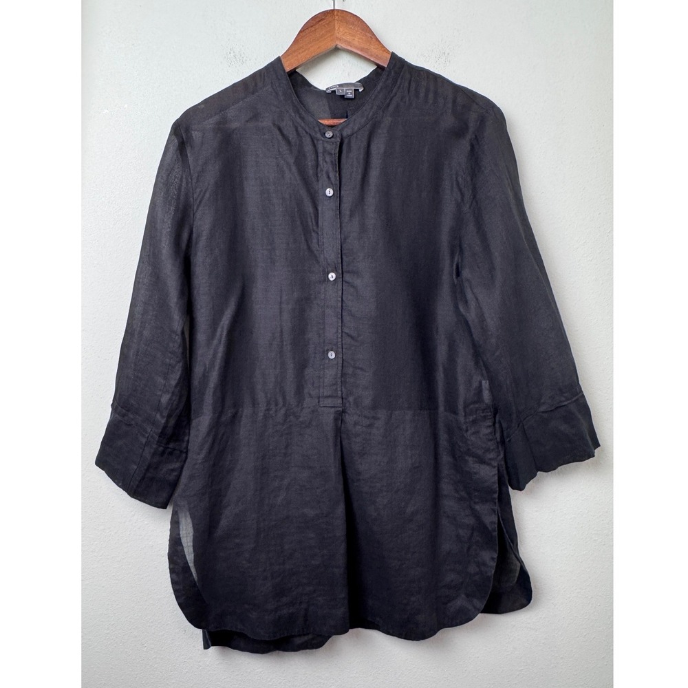 Vince Black Ramie Band Collar Tunic Button Front Semi Sheer Blouse Top Large